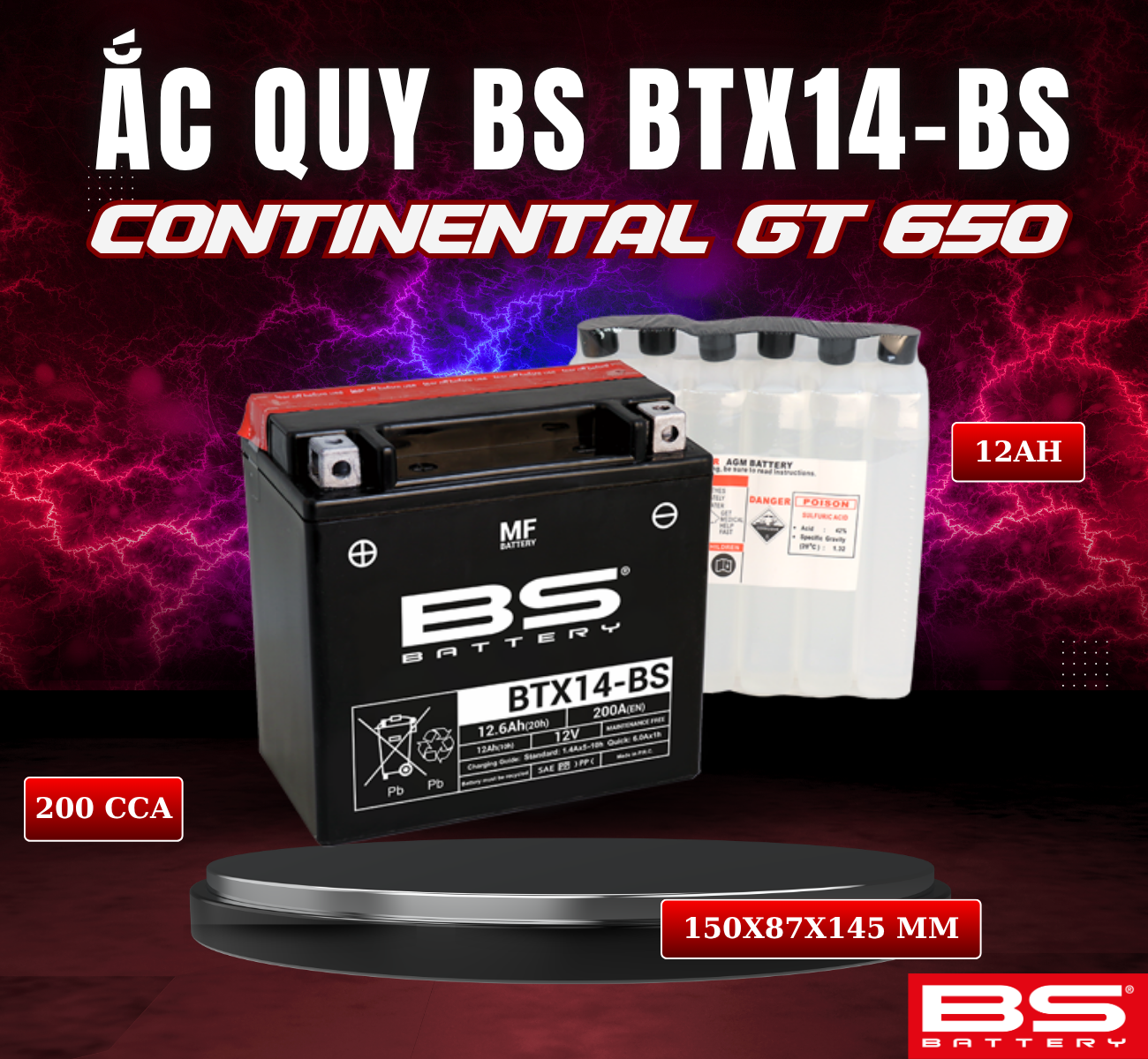 BÌNH ẮC QUY BS BTX14-BS 200CCA ROYAL ENFIELD CONTINENTAL GT 650 (150x8