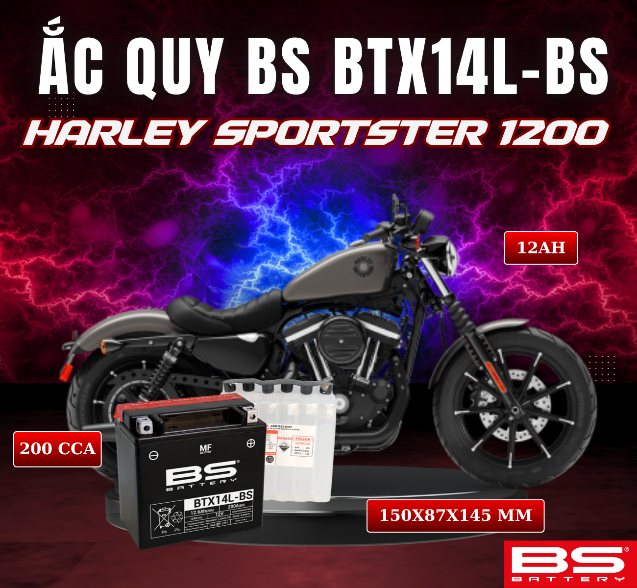 BÌNH ẮC QUY BS BTX14L-BS 200CCA HARLEY DAVIDSON SPORTSTER 1200 04-14 (150x87x145 mm)