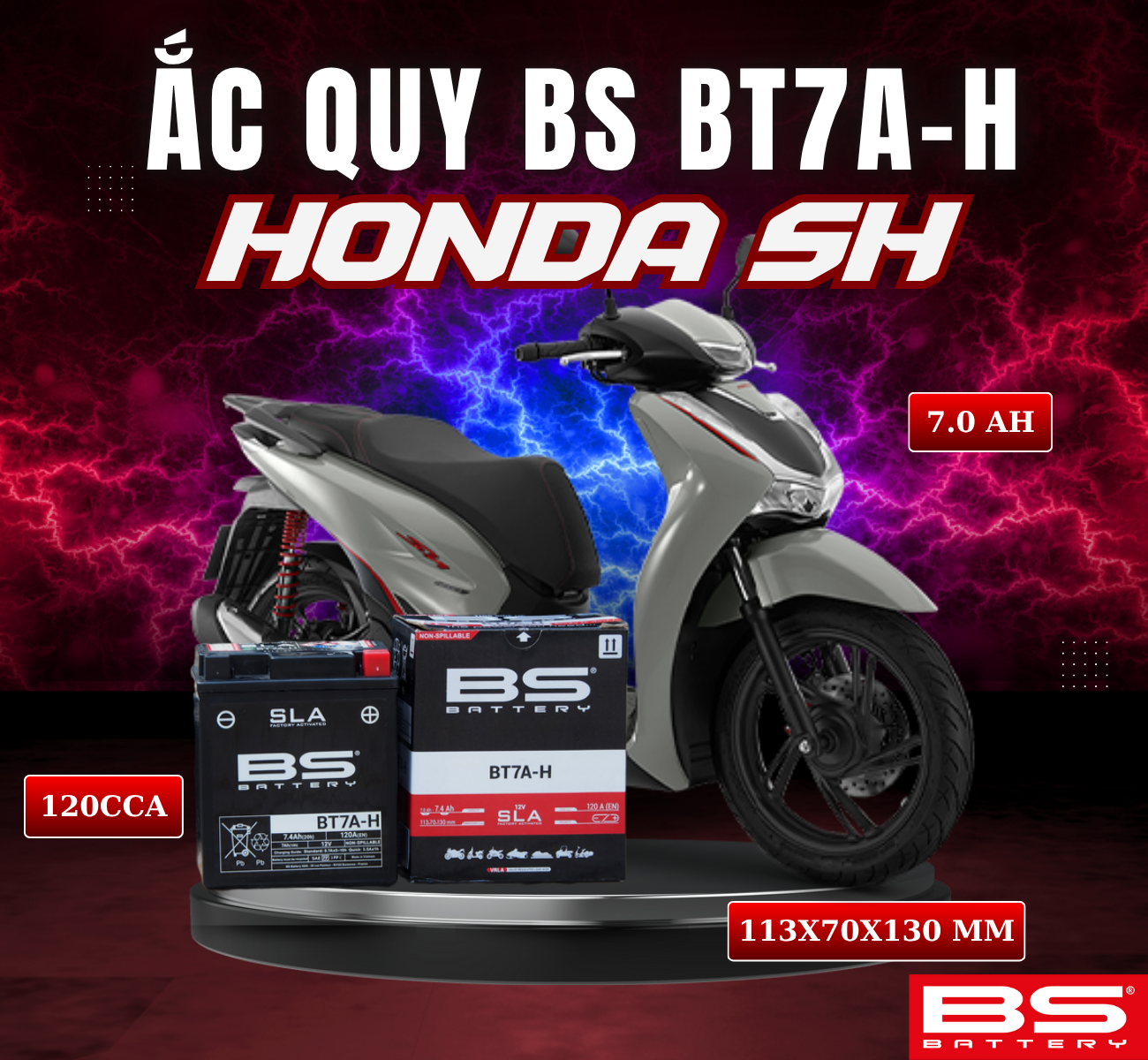 BÌNH ẮC QUY BS BT7A-H 120CCA HONDA SH (113x70x130 mm)