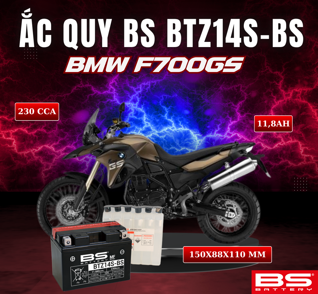 BÌNH ẮC QUY BS BTZ14S-BS 230CCA BMW F700GS (150x88x110 mm)