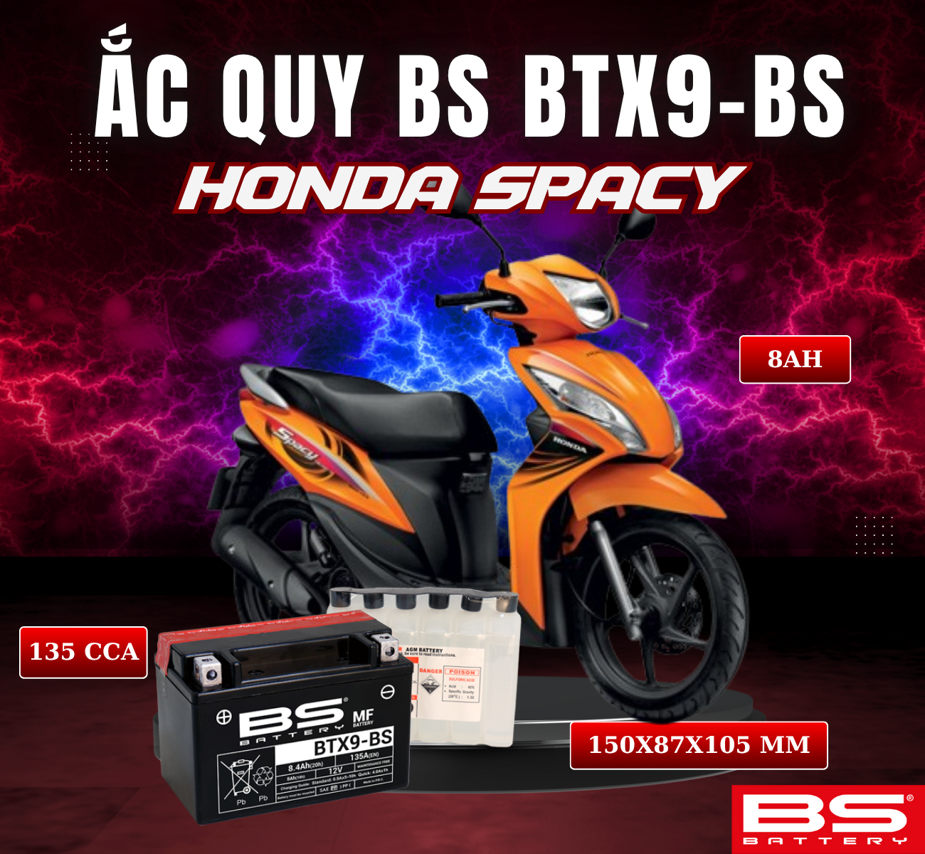 BÌNH ẮC QUY BS BATTERY BTX9-BS 135CCA HONDA SPACY (150 x 87 x 105 mm)