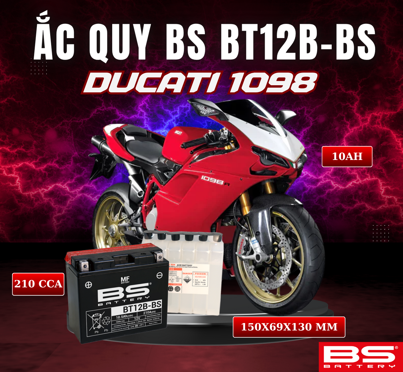 BÌNH ẮC QUY BS BT12B-BS 210CCA DUCATI 1098 (150x69x130 mm)