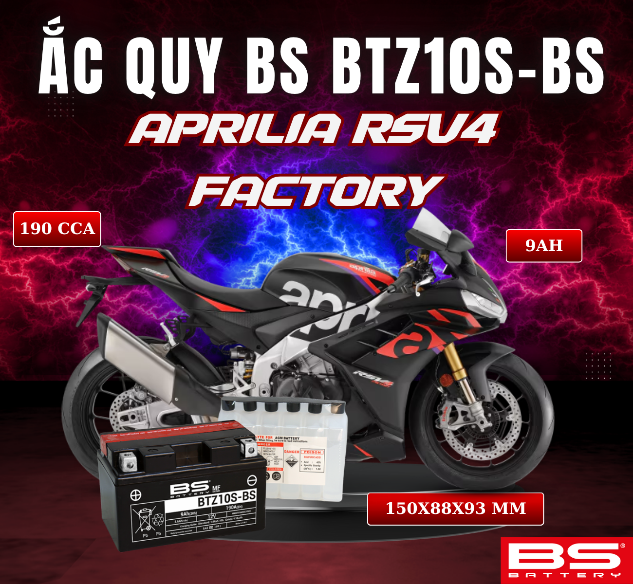BÌNH ẮC QUY BS BATTERY BTZ10S-BS 190CCA APRILIA RSV4 FACTORY (150 x 88 x 93 mm)