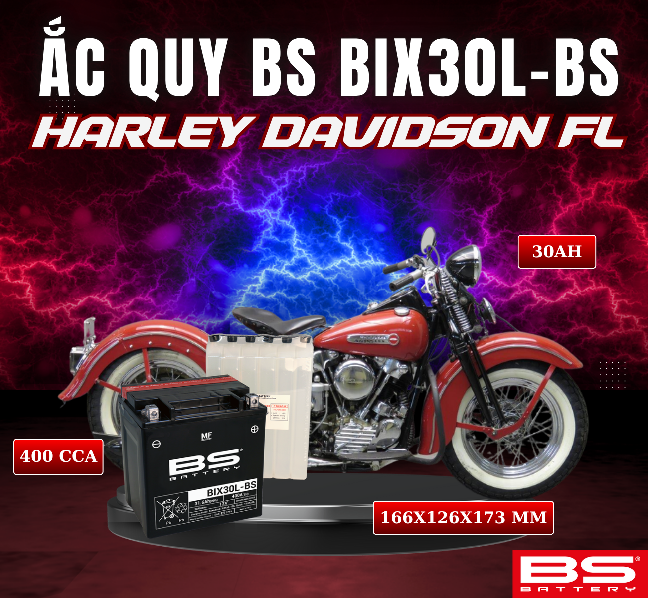 BÌNH ẮC QUY BS BIX30L-BS 400CCA HARLEY DAVIDSON FL (166x126x173 mm)