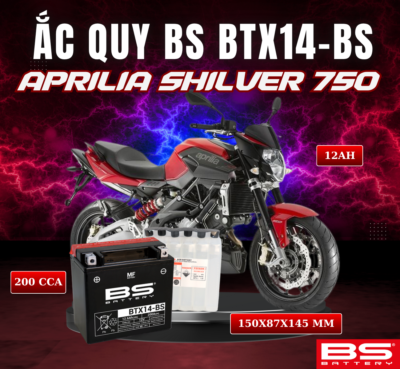 BÌNH ẮC QUY BS BTX14-BS 200CCA APRILIA SILVER 750 09-13 (150x87x145 mm)