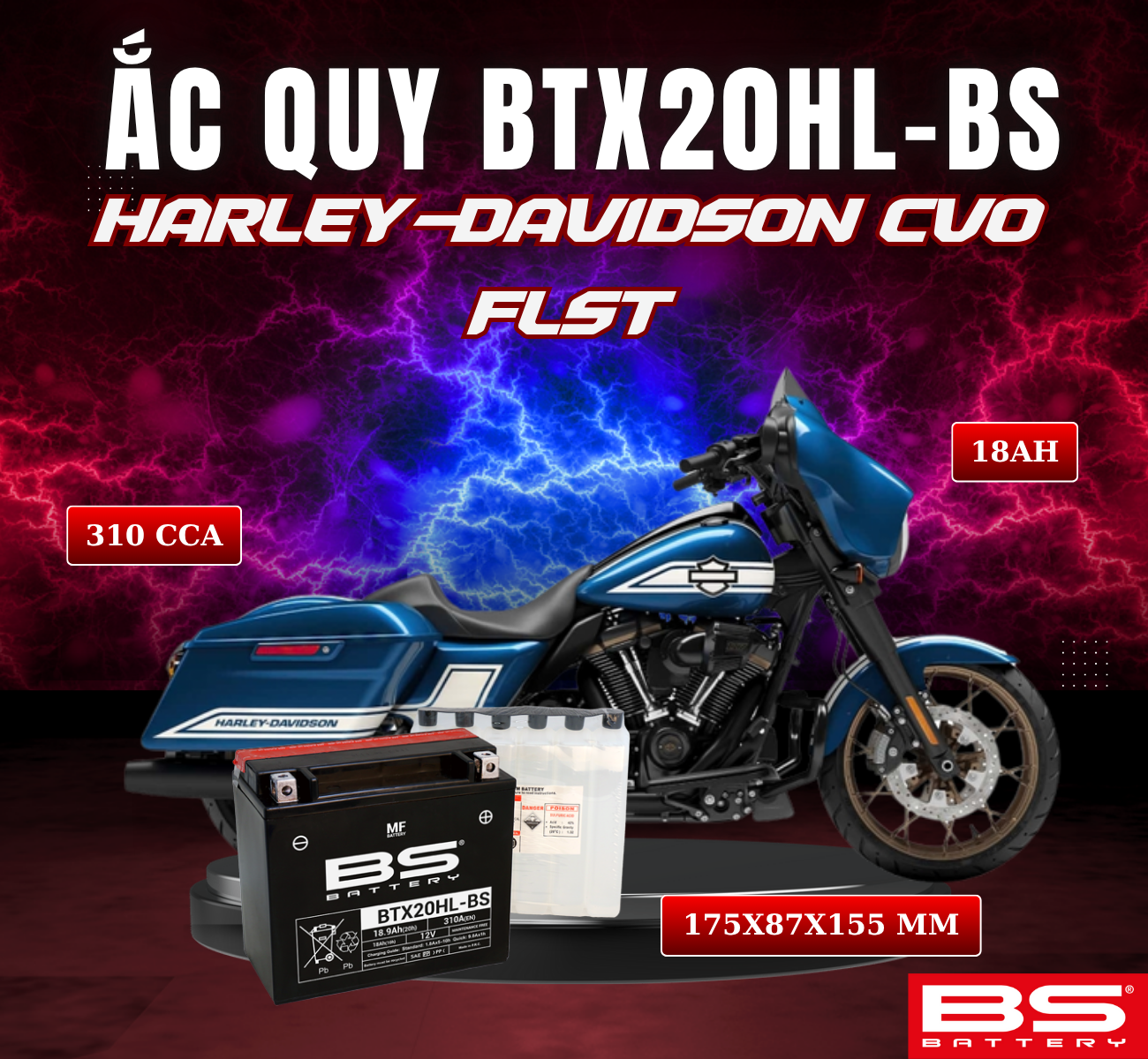 BÌNH ẮC QUY BS BTX20HL-BS 310CCA HARLEY DAVIDSON CVO FLST (175x87x155 mm)