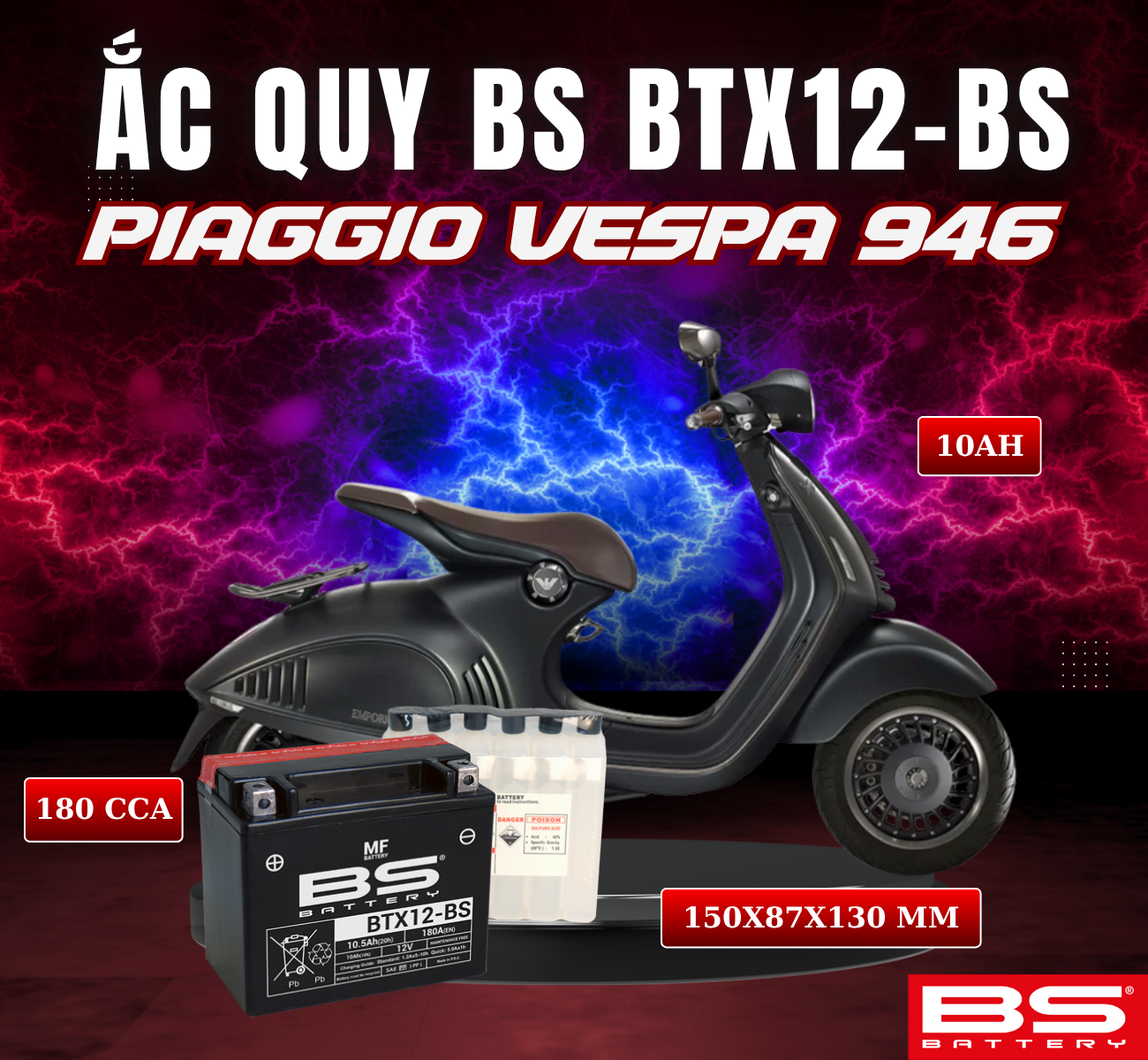 BÌNH ẮC QUY BS BTX12-BS 180CCA PIAGGIO VESPA 946 (150x87x130 mm)