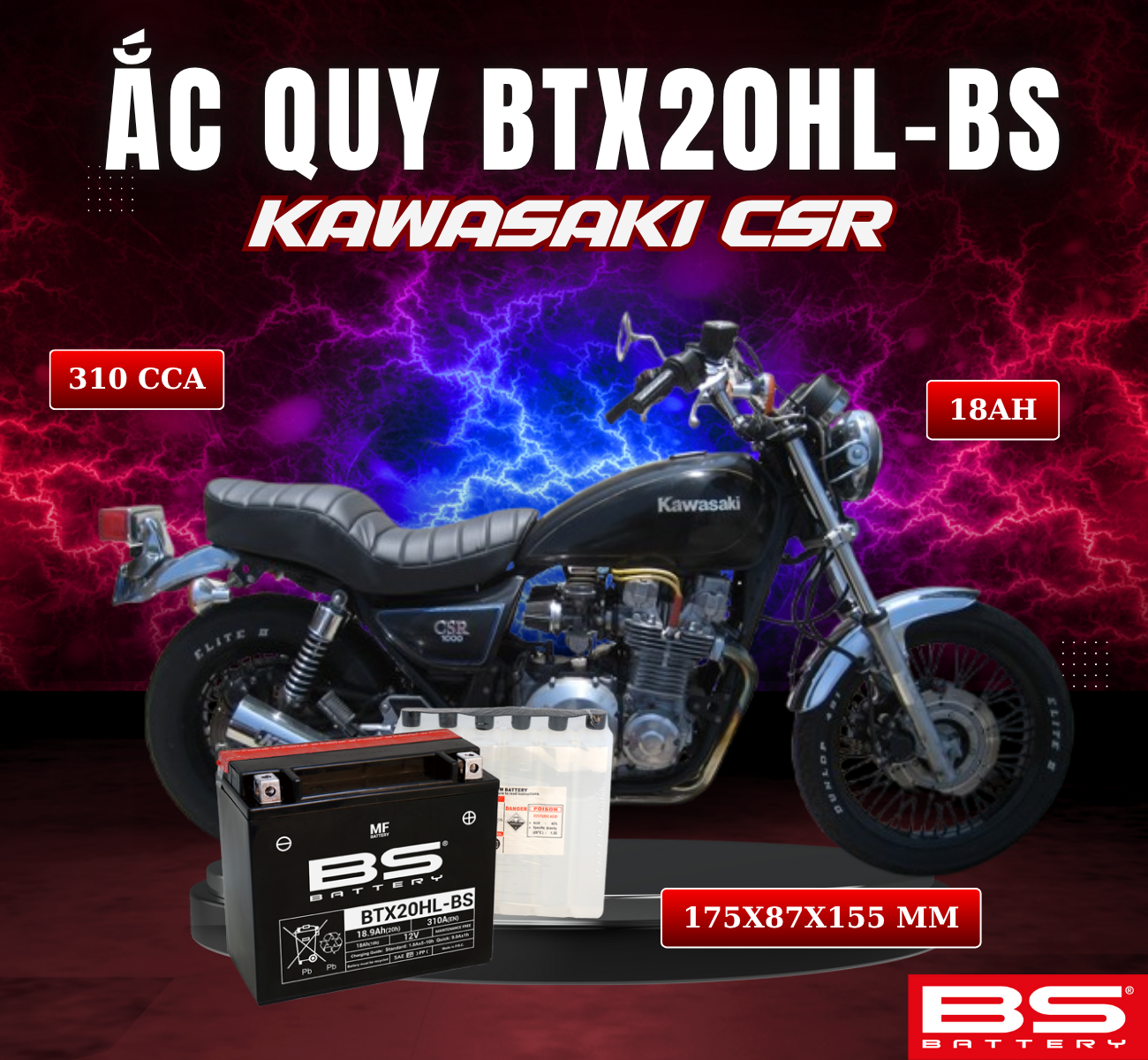 BÌNH ẮC QUY BS BTX20HL-BS 310CCA KAWASAKI CSR (175x87x155 mm)
