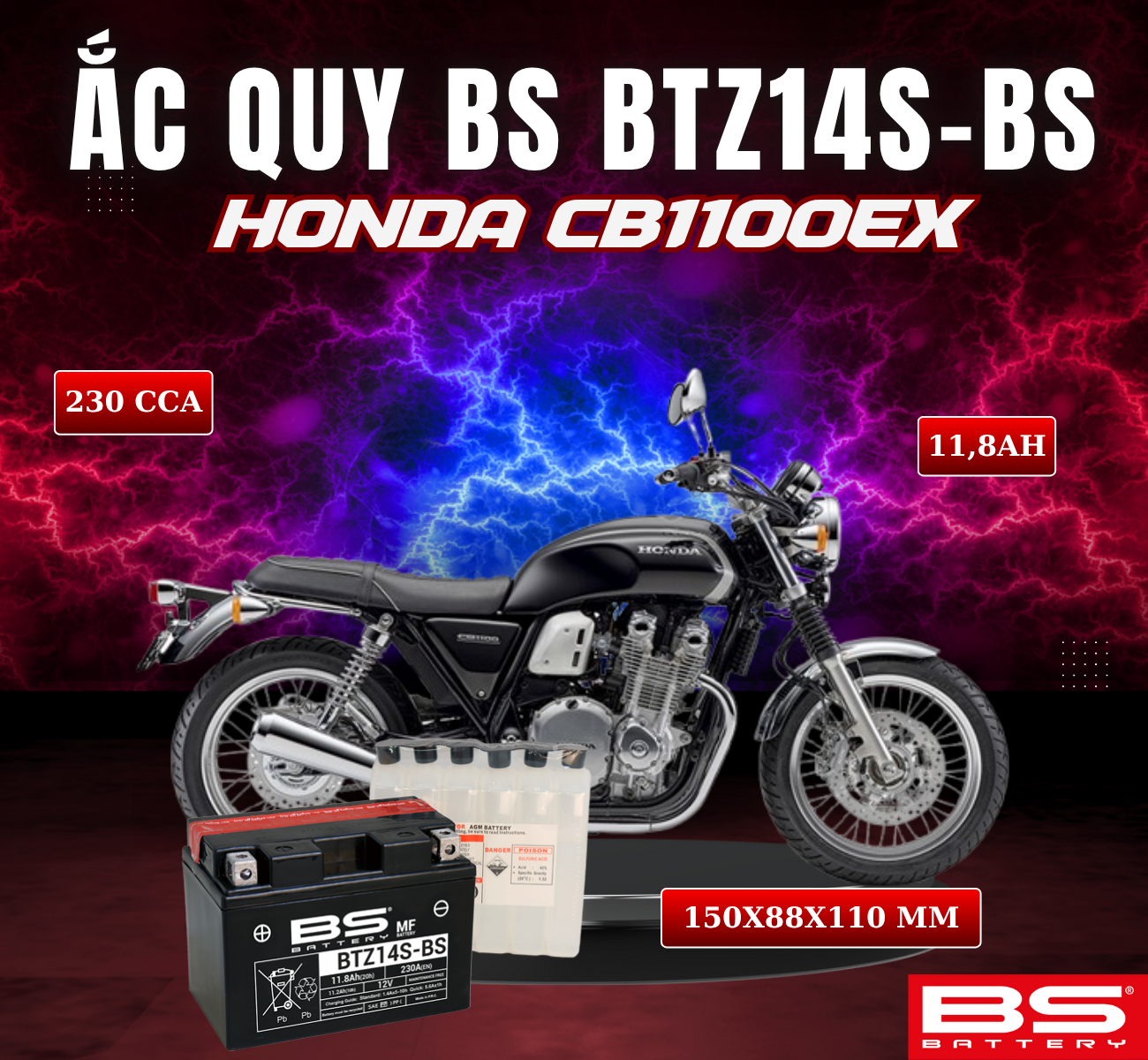 BÌNH ẮC QUY BS BTZ14S-BS 230CCA HONDA CB1100EX (150x88x110 mm)