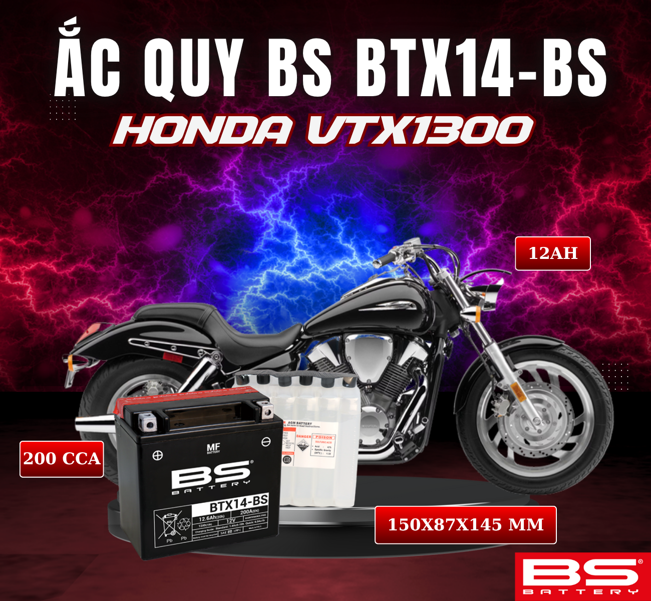 BÌNH ẮC QUY BS BTX14-BS 200CCA HONDA VTX1300 03-12 (150x87x145 mm)