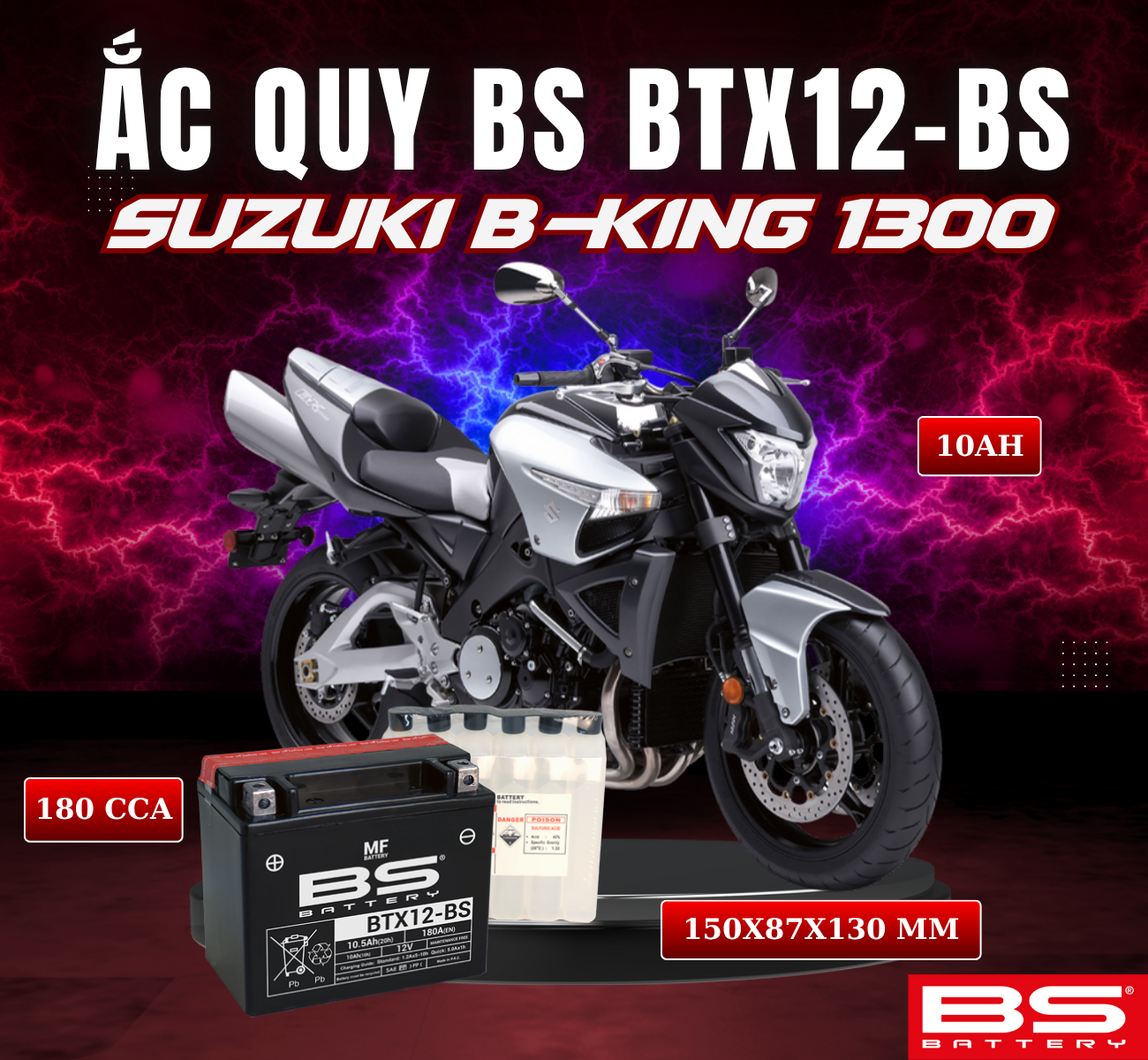BÌNH ẮC QUY BS BTX12-BS 180CCA SUZUKI B-KING 1300 (150x87x130 mm)