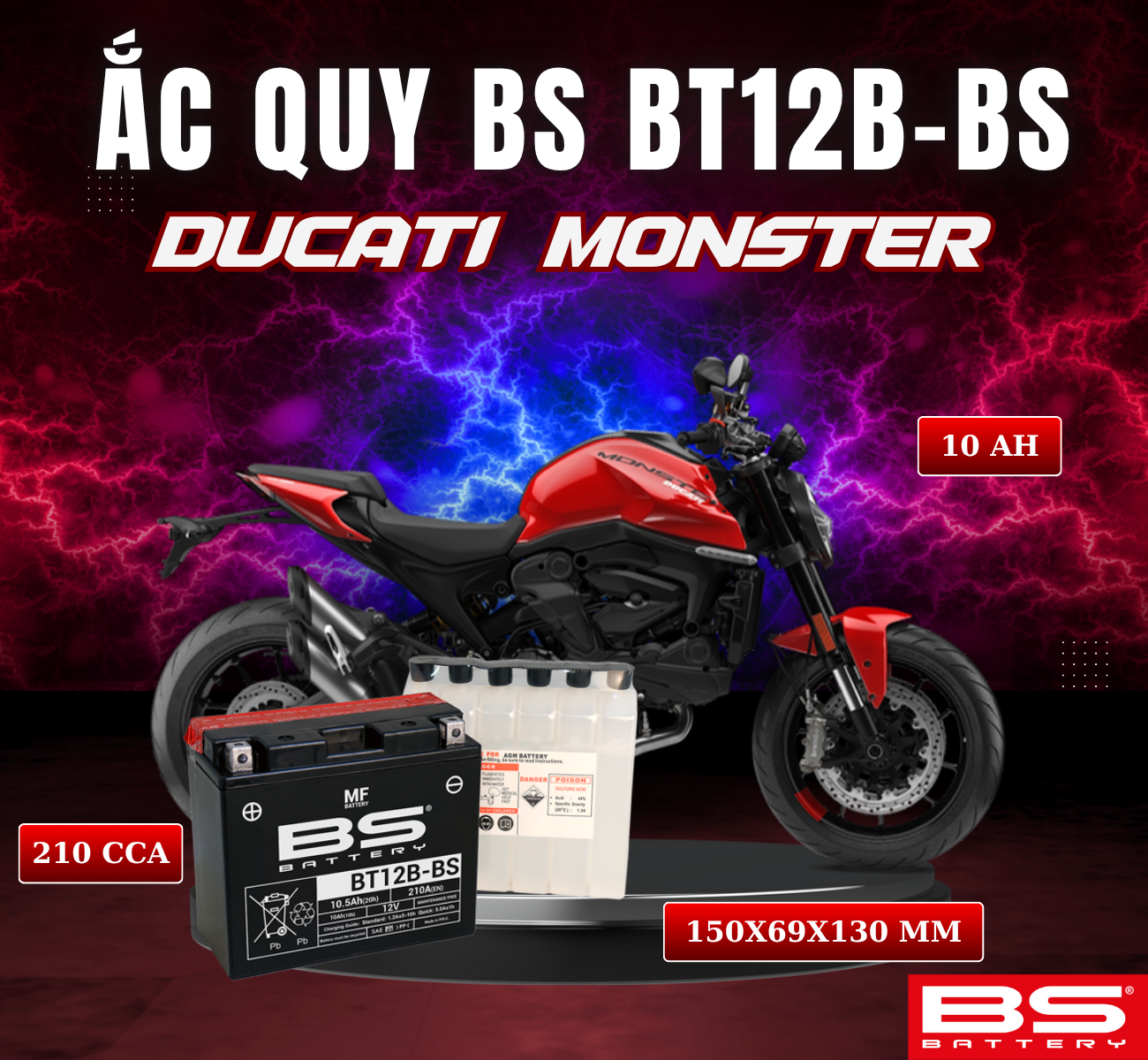 BÌNH ẮC QUY BS BT12B-BS 210CCA DUCATI MONSTER (150x69x130 mm)