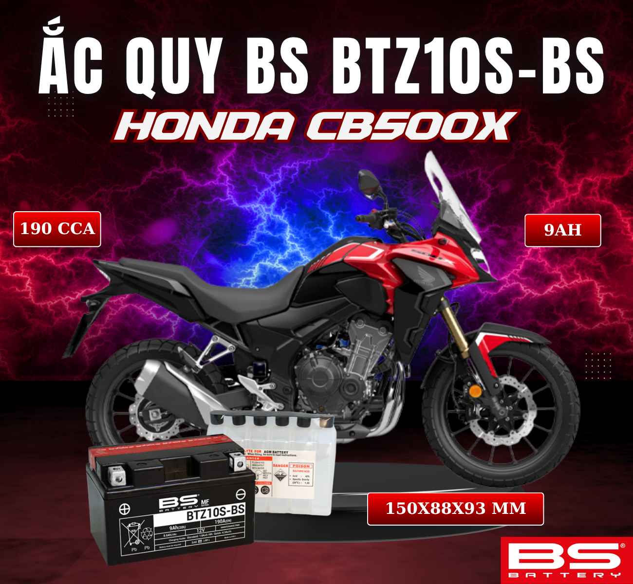 BÌNH ẮC QUY BS BATTERY BTZ10S-BS 190CCA HONDA CB500X (150 x 88 x 93 mm)