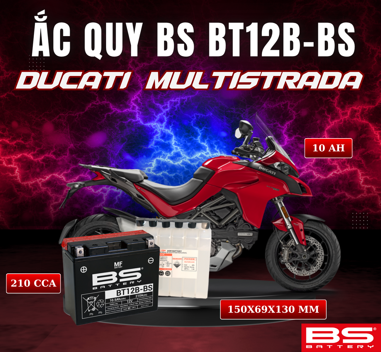 BÌNH ẮC QUY BS BT12B-BS 210CCA DUCATI MULTISTRADA (150x69x130 mm)