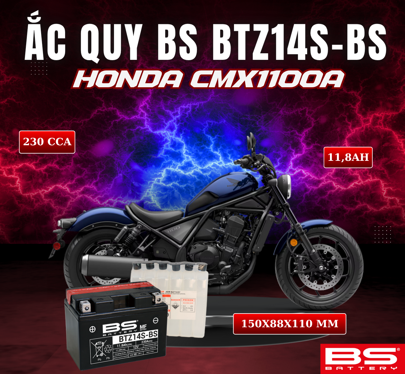 BÌNH ẮC QUY BS BTZ14S-BS 230CCA HONDA CMX1100 (150x88x110 mm)