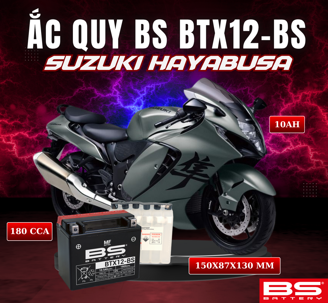BÌNH ẮC QUY BS BTX12-BS 180CCA SUZUKI HAYABUSA 08-14 (150x87x130 mm)