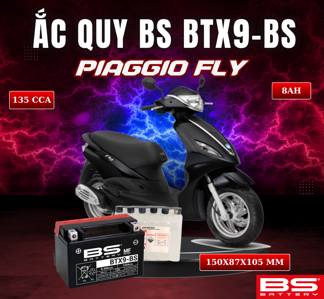 BÌNH ẮC QUY BS BATTERY BTX9-BS 135CCA PIAGGIO FLY (150 x 87 x 105 mm)