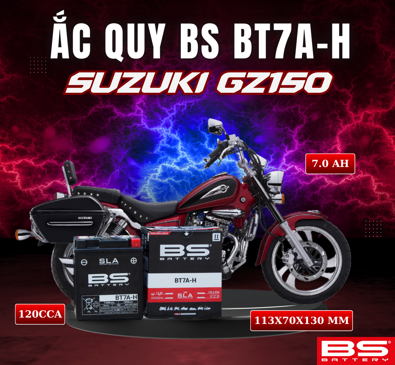 BÌNH ẮC QUY BS BT7A-H 120CCA SUZUKI GZ150 (113x70x130 mm)