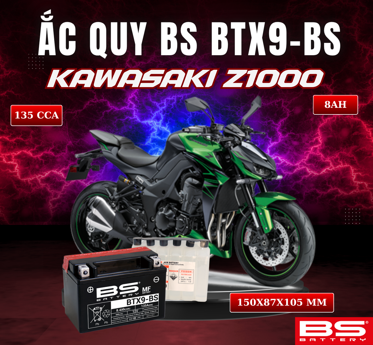 BÌNH ẮC QUY BS BATTERY BTX9-BS 135CCA KAWASAKI Z1000 (2003-2013) (150 x 87 x 105 mm)