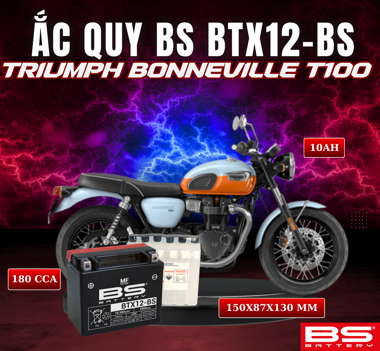 BÌNH ẮC QUY BS BTX12-BS 180CCA TRIUMPH BONNEVILLE T100 (150x87x130 mm)