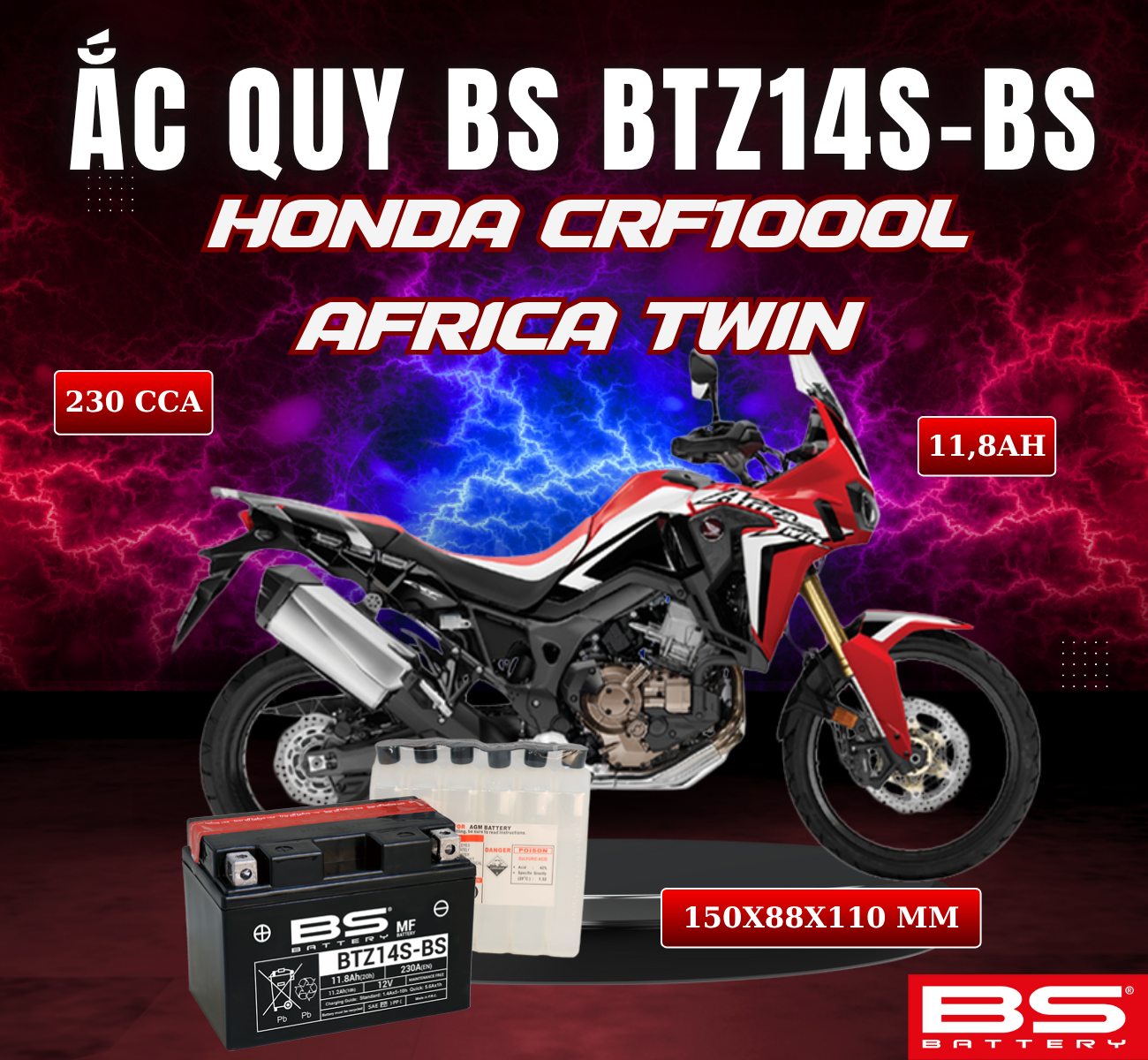 BÌNH ẮC QUY BS BTZ14S-BS 230CCA HONDA CRF1000L AFRICA TWIN (150x88x110 mm)