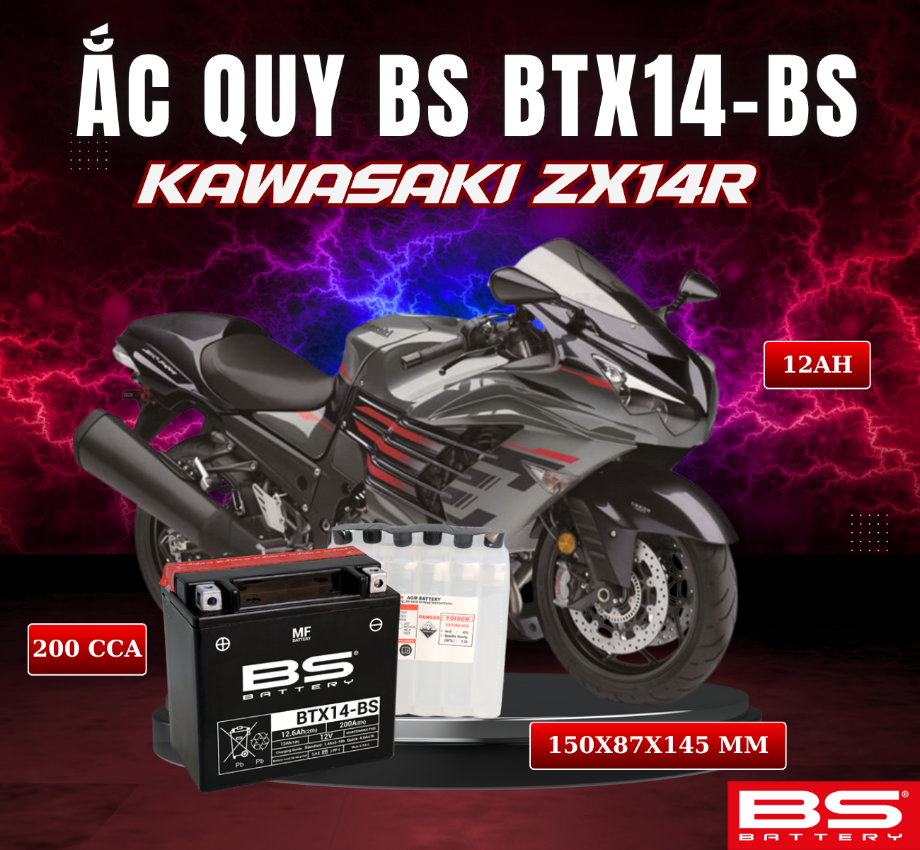 BÌNH ẮC QUY BS BTX14-BS 200CCA KAWASAKI ZX14R 06-14(150x87x145 mm)