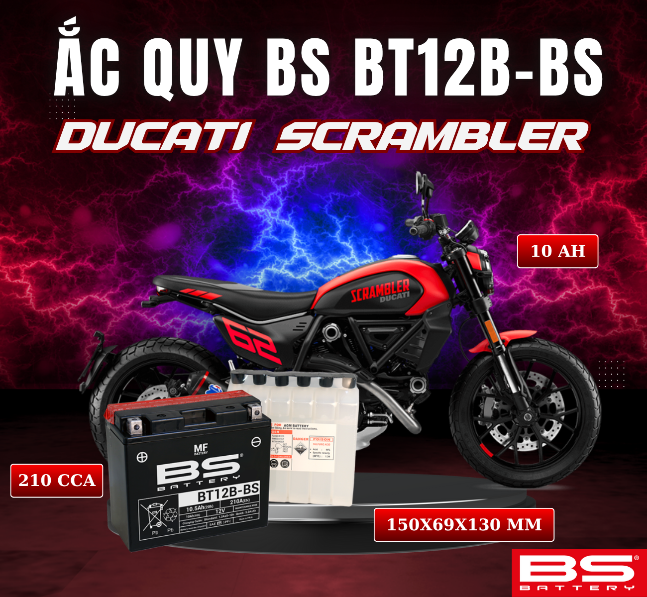 BÌNH ẮC QUY BS BT12B-BS 210CCA DUCATI SCRAMBLER (150x69x130 mm)