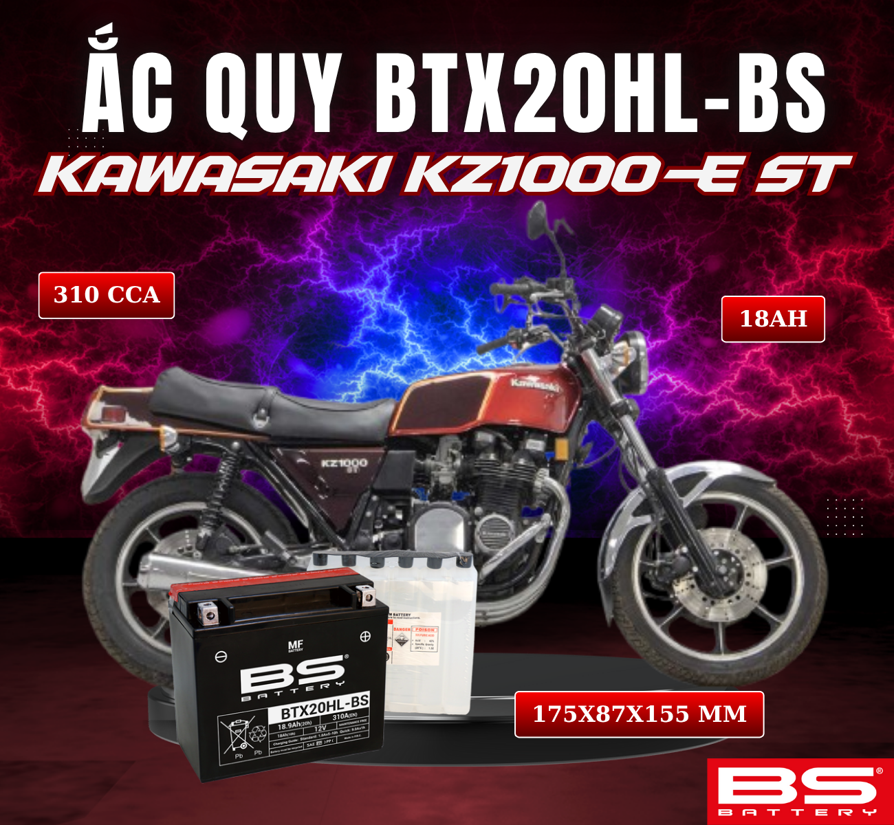 BÌNH ẮC QUY BS BTX20HL-BS 310CCA KAWASAKI KZ1000-E ST (175x87x155 mm)