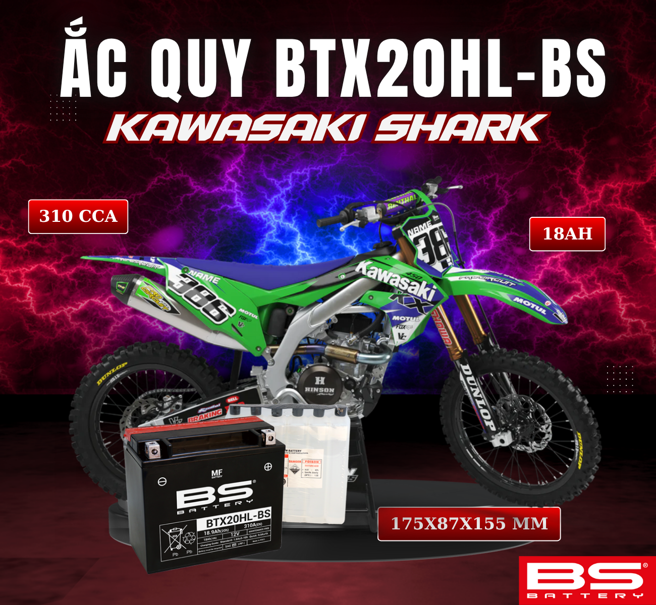 BÌNH ẮC QUY BS BTX20HL-BS 310CCA KAWASAKI SHARK (175x87x155 mm)