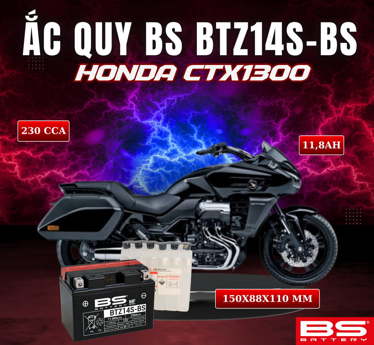 BÌNH ẮC QUY BS BTZ14S-BS 230CCA HONDA CTX1300 (150x88x110 mm)