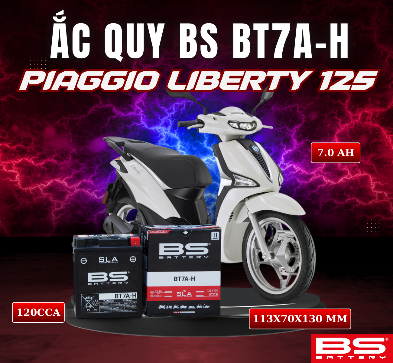 BÌNH ẮC QUY BS BT7A-H 120CCA PIAGGIO LIBERTY 125 (113x70x130 mm)