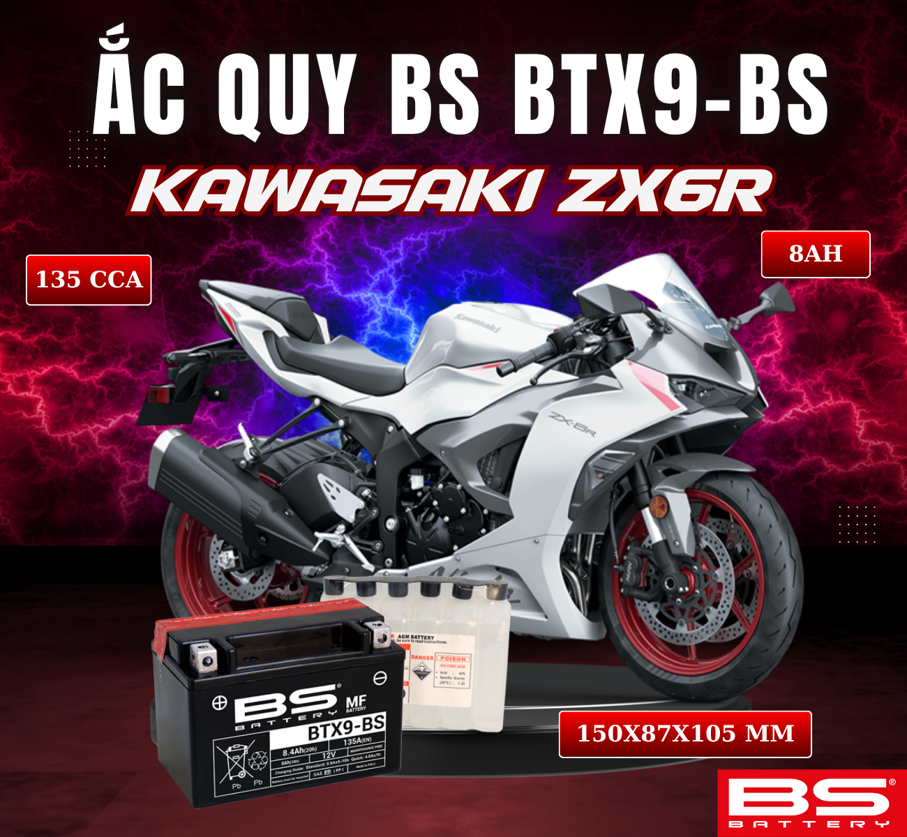 BÌNH ẮC QUY BS BATTERY BTX9-BS 135CCA KAWASAKI ZX6R (2008-2014) (150 x 87 x 105 mm) 