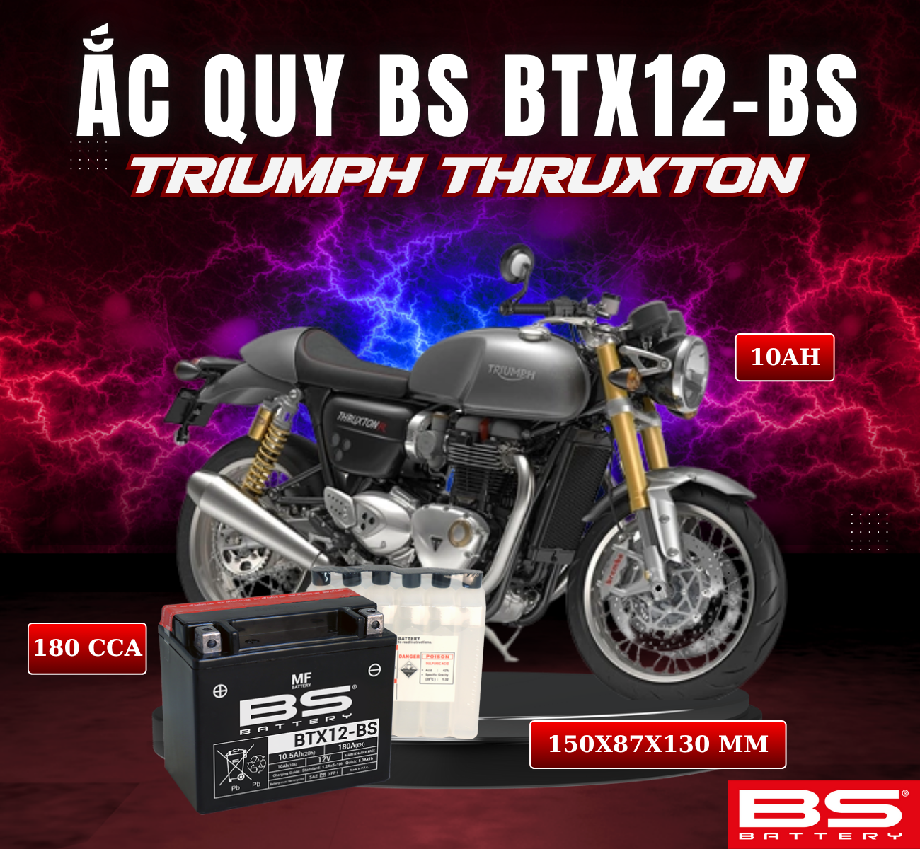 BÌNH ẮC QUY BS BTX12-BS 180CCA TRIUMPH THRUXTON 03-08 (150x87x130 mm)