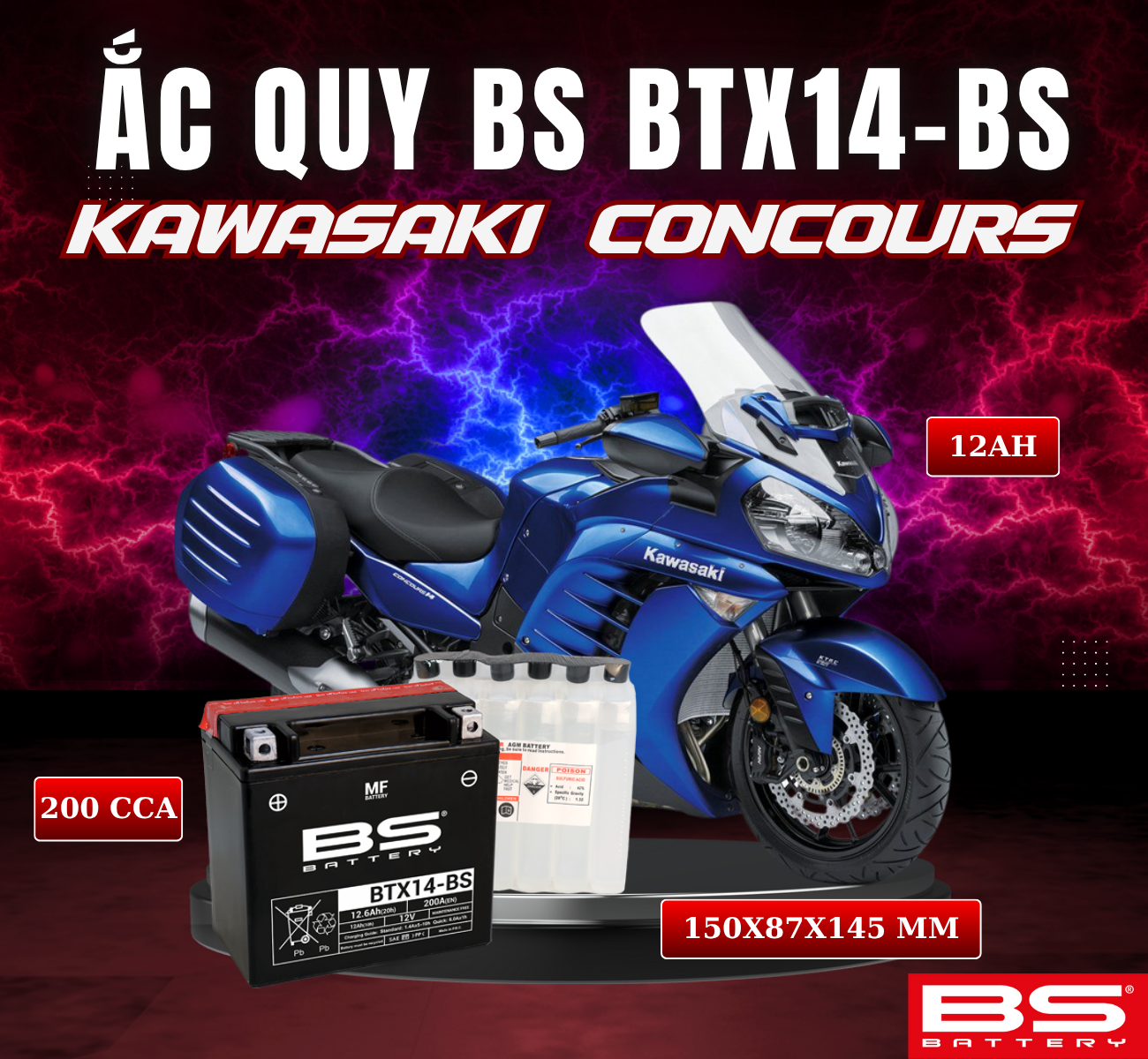 BÌNH ẮC QUY BS BTX14-BS 200CCA KAWASAKI CONCOURS 08-14 (150x87x145 mm)