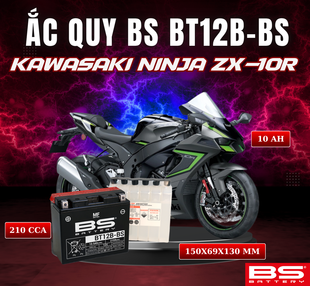 BÌNH ẮC QUY BS BT12B-BS 210CCA KAWASAKI NINJA ZX-10R (150x69x130 mm)