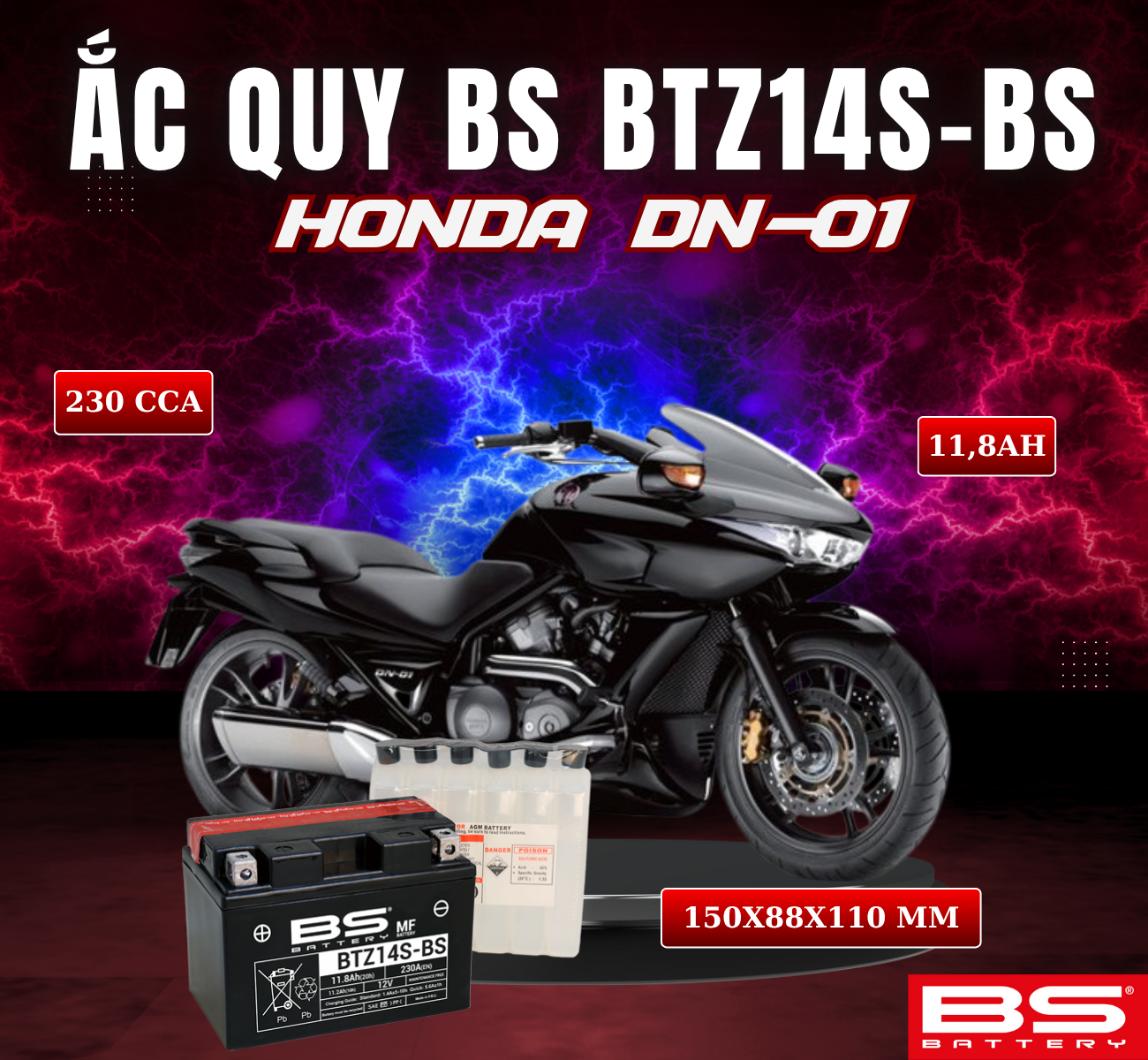 BÌNH ẮC QUY BS BTZ14S-BS 230CCA HONDA DN-01 (150x88x110 mm)