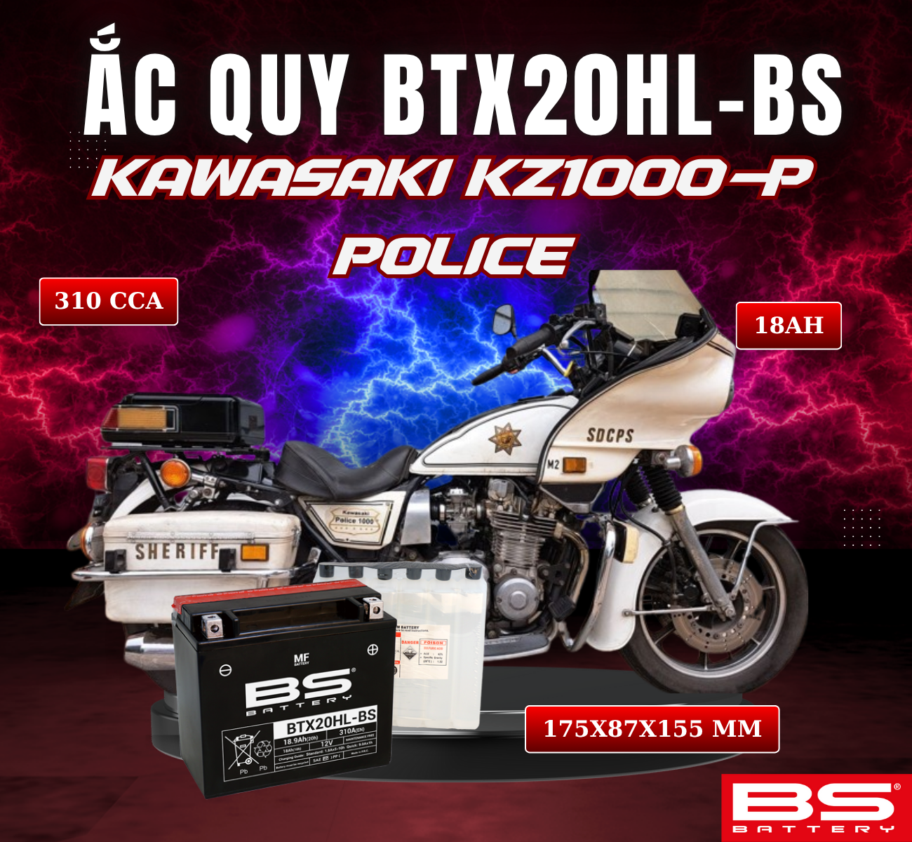 BÌNH ẮC QUY BS BTX20HL-BS 310CCA KAWASAKI KZ1000-P POLICE (175x87x155 mm)