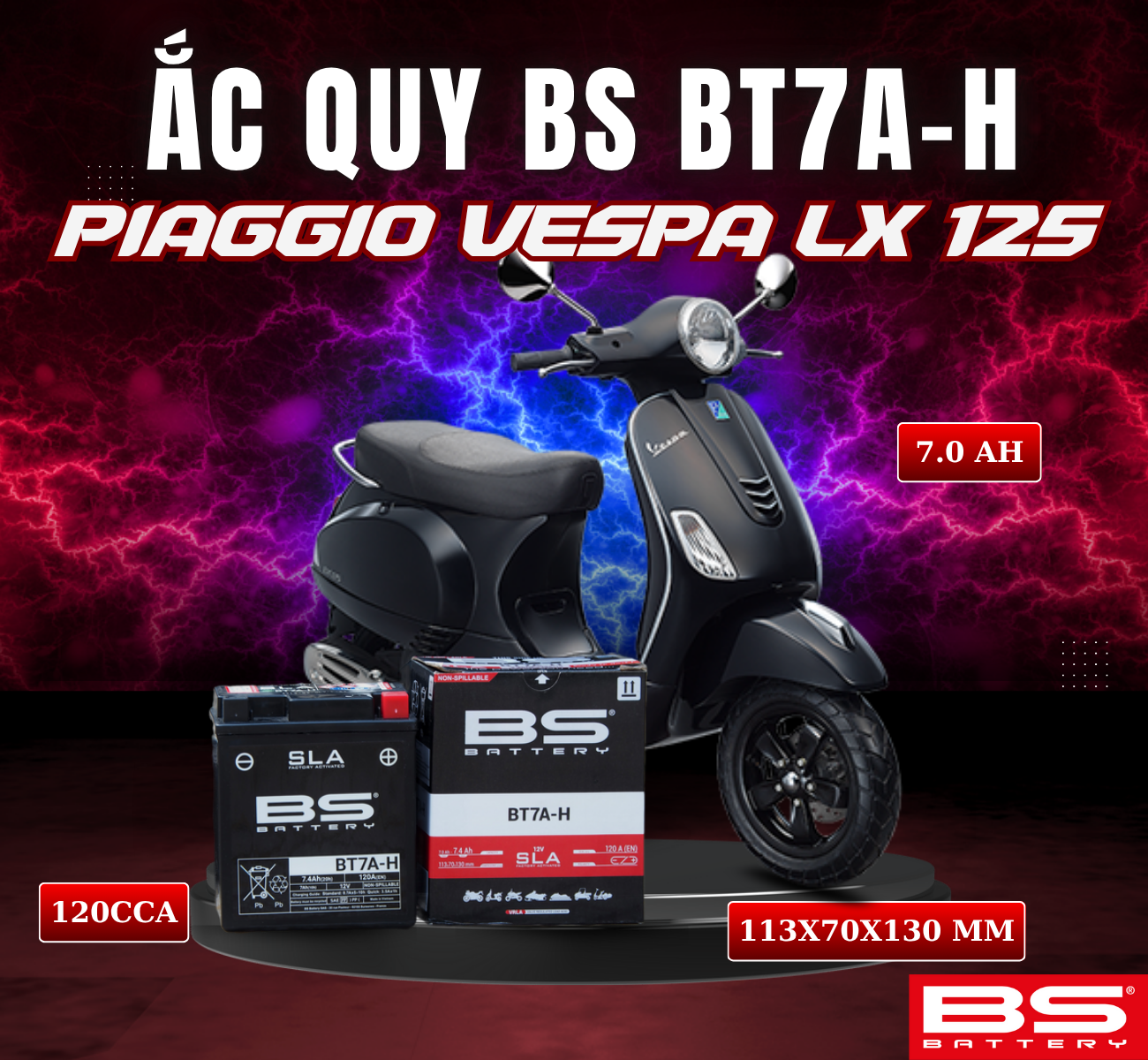 BÌNH ẮC QUY BS BT7A-H 120CCA PIAGGIO VESPA LX 125 (113x70x130 mm)