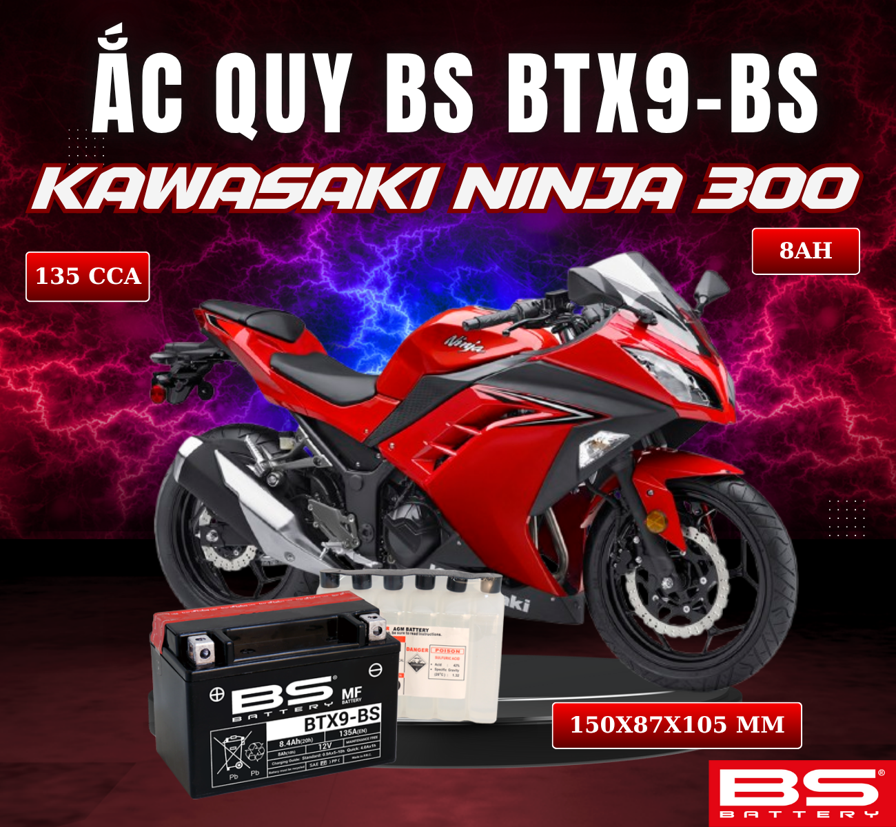 BÌNH ẮC QUY BS BATTERY BTX9-BS 135CCA KAWASAKI NINJA 300 (150 x 87 x 105 mm)