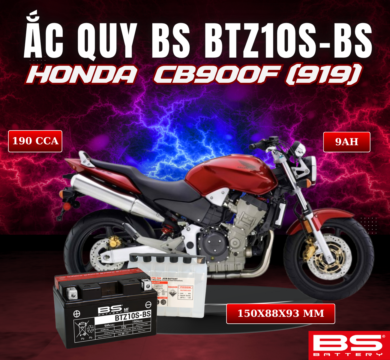 BÌNH ẮC QUY BS BATTERY BTZ10S-BS 190CCA CB900F (919) (150 x 88 x 93 mm)