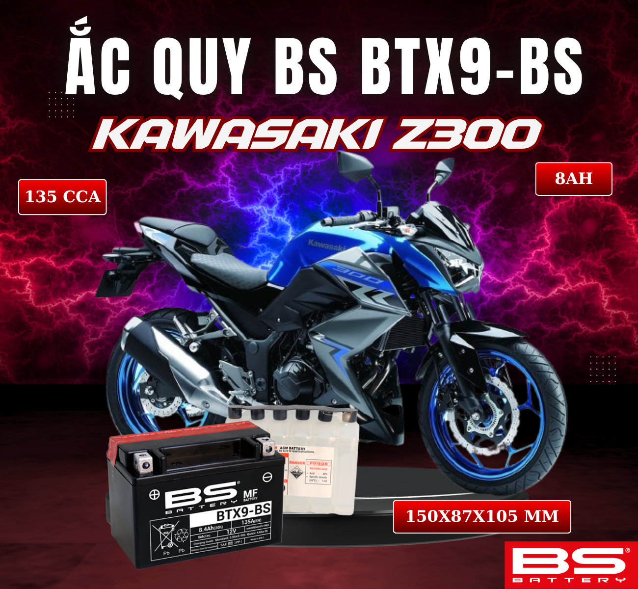 BÌNH ẮC QUY BS BATTERY BTX9-BS 135CCA KAWASAKI Z300 (150 x 87 x 105 mm)