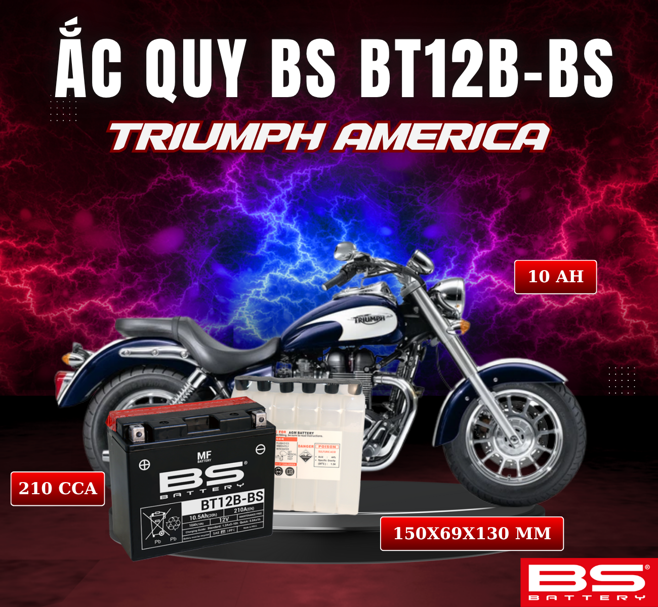 BÌNH ẮC QUY BS BT12B-BS 210CCA TRIUMPH AMERICA (150x69x130 mm)