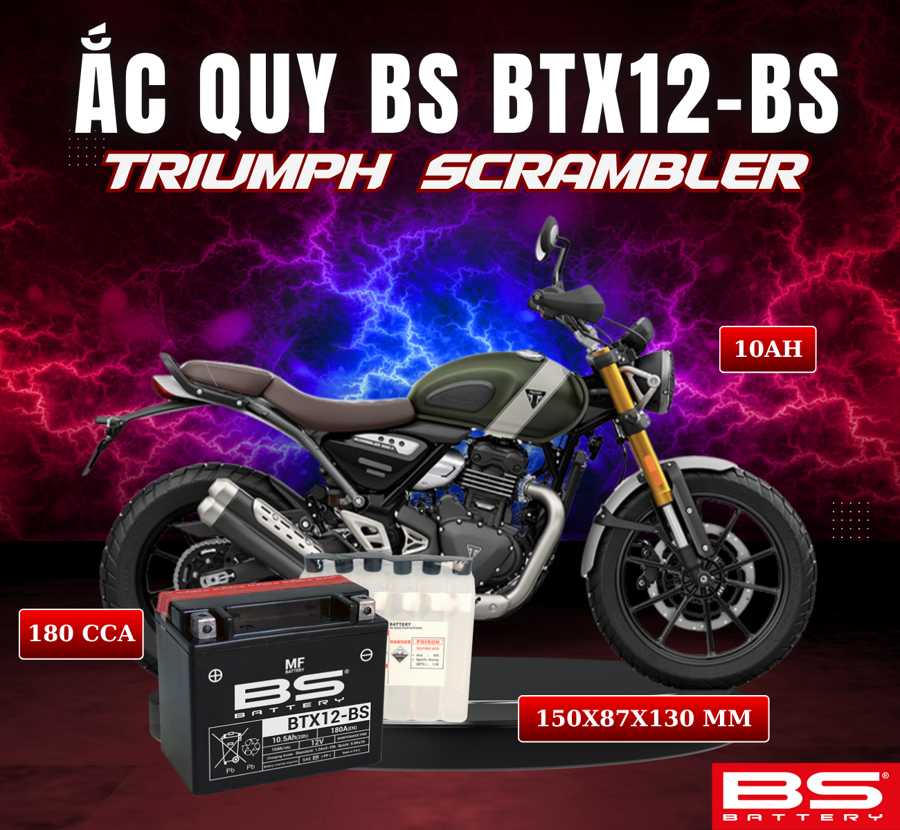 BÌNH ẮC QUY BS BTX12-BS 180CCA TRIUMPH SCRAMBLER 05-16 (150x87x130 mm)