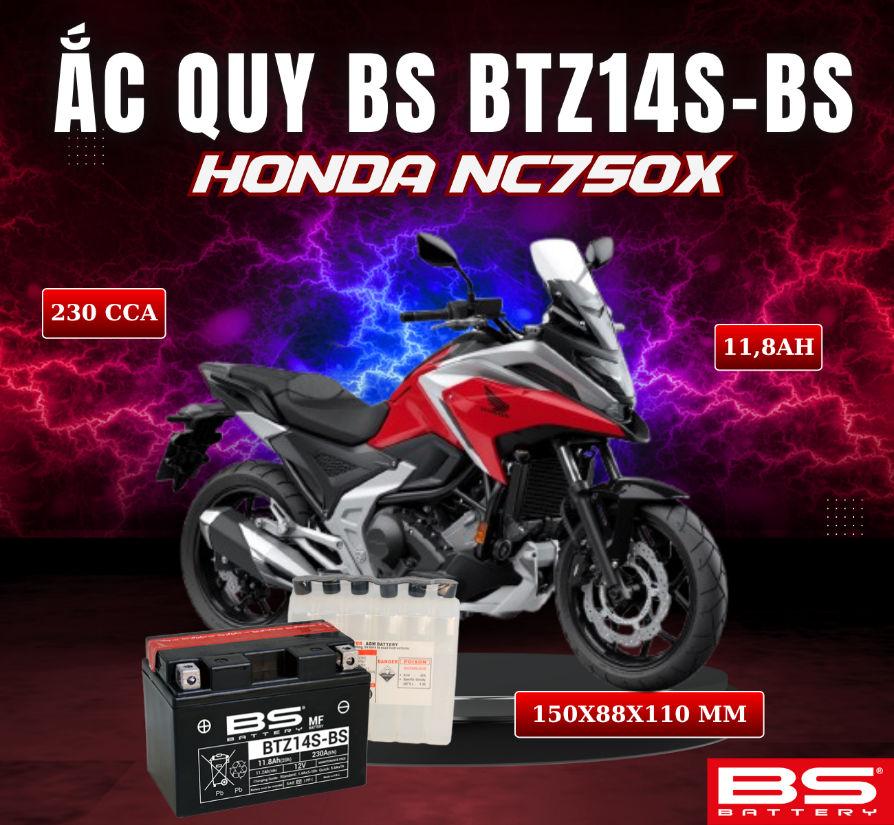 BÌNH ẮC QUY BS BTZ14S-BS 230CCA HONDA NC750X (150x88x110 mm)