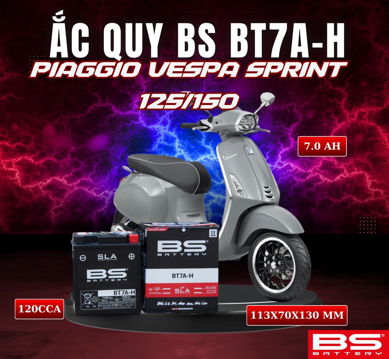 BÌNH ẮC QUY BS BT7A-H 120CCA PIAGGIO VESPA SPRINT 125/150 (113x70x130 mm)