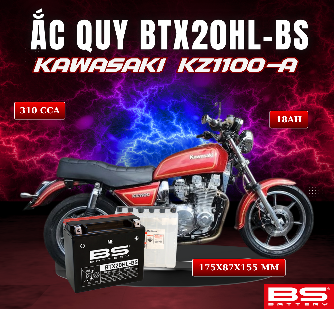 BÌNH ẮC QUY BS BTX20HL-BS 310CCA KAWASAKI KZ1100-A (175x87x155 mm)