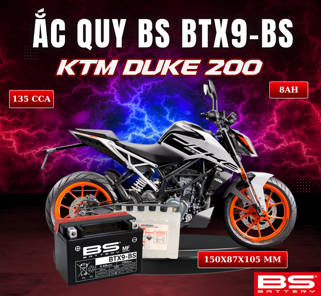 BÌNH ẮC QUY BS BATTERY BTX9-BS 135CCA KTM DUKE 200 (150 x 87 x 105 mm)