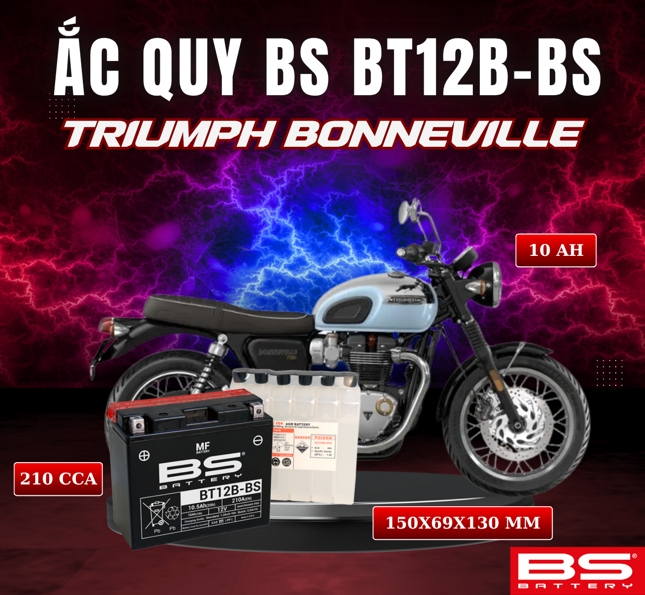 BÌNH ẮC QUY BS BT12B-BS 210CCA TRIUMPH BONNEVILLE (150x69x130 mm)