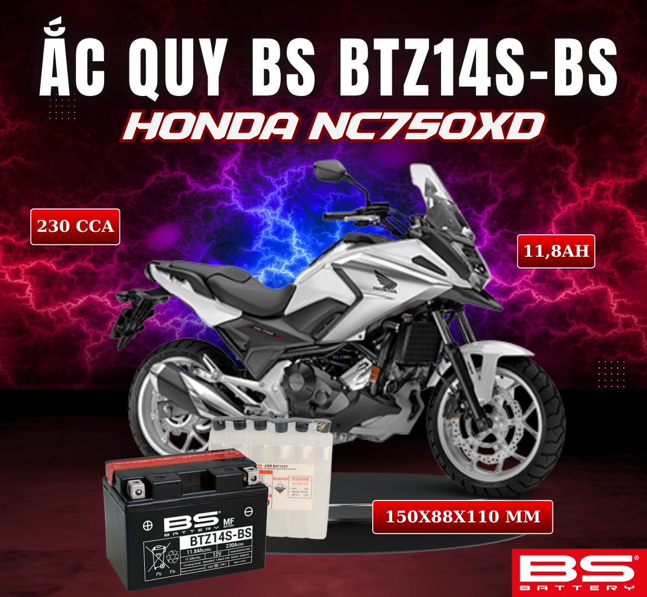 BÌNH ẮC QUY BS BTZ14S-BS 230CCA HONDA NC750XD (150x88x110 mm)