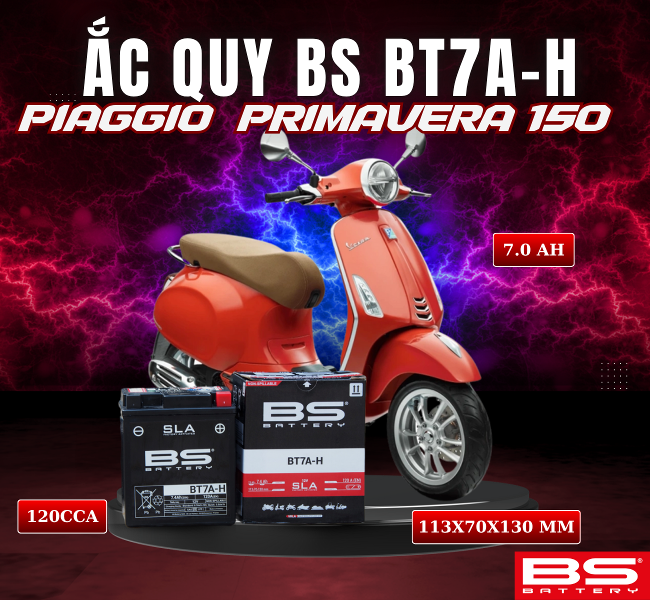 BÌNH ẮC QUY BS BT7A-H 120CCA PIAGGIO PRIMAVERA 150 (113x70x130 mm)